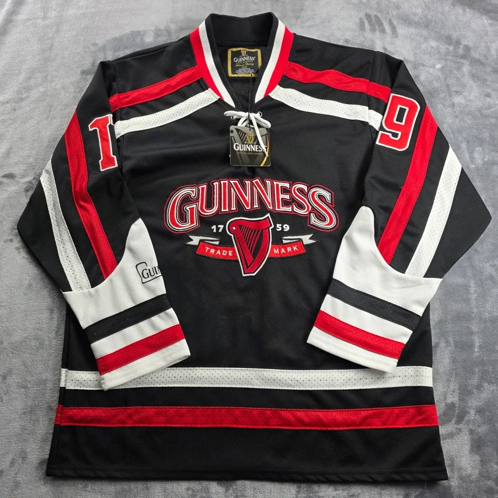 NEW Guinness Hockey Jersey Men Large Black Red White Lace Up G3003-L Embroidered - Picture 1 of 13
